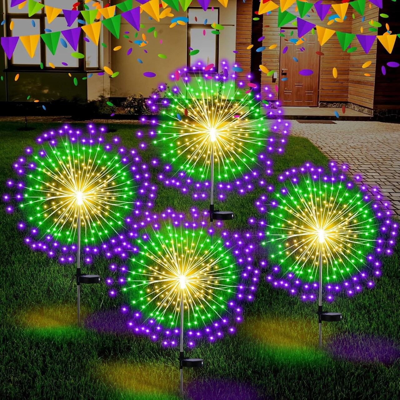 4 Pcs Mardi Gras Solar Firework Stake Lights 180 LED 8 Modes Solar Lights Waterproof LED Lamps Outdoor Decoration for Yard Pathway Garden Decor(Green, Yellow, Purple)